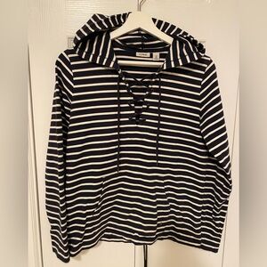 L.L. Bean Women's Breton Navy and White Striped Hoodie Lace Up Front Kangaroo XS